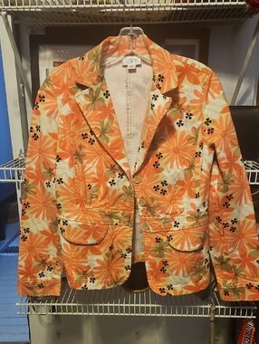 LOFT Orange Floral Cotton Blazer with Cream Base